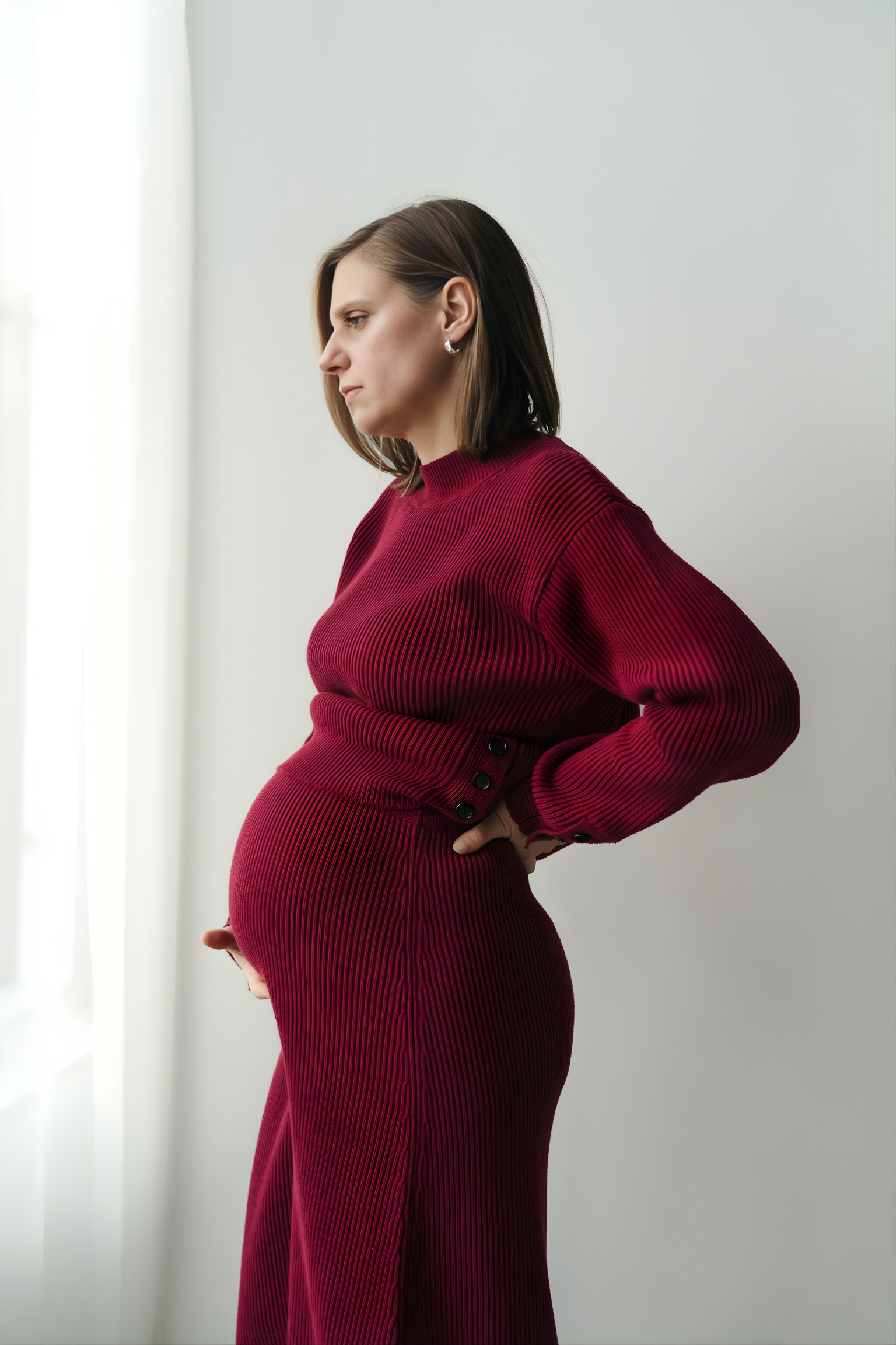 Femme enceinte qui regarde par la fenêtre et porte un chanail de maternité bordeaux